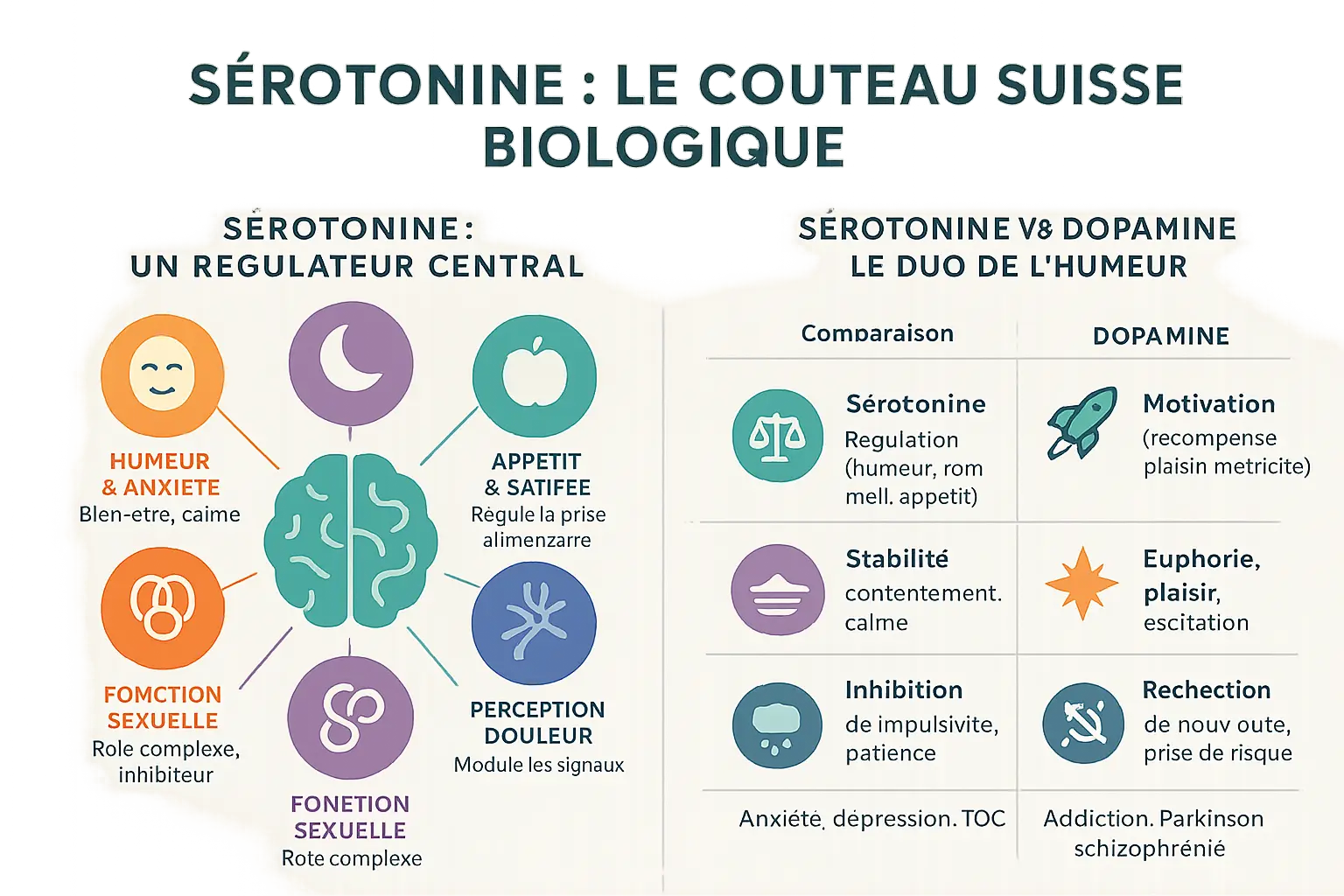Représentation visuelle des multiples rôles de la sérotonine dans l'organisme