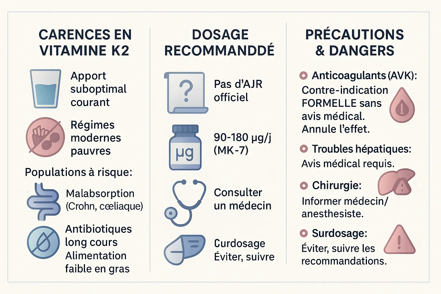 Illustration sur les carences, dosages et précautions d'emploi de la vitamine K2