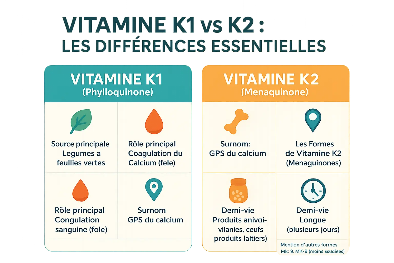 Différences essentielles entre vitamine K1 et K2