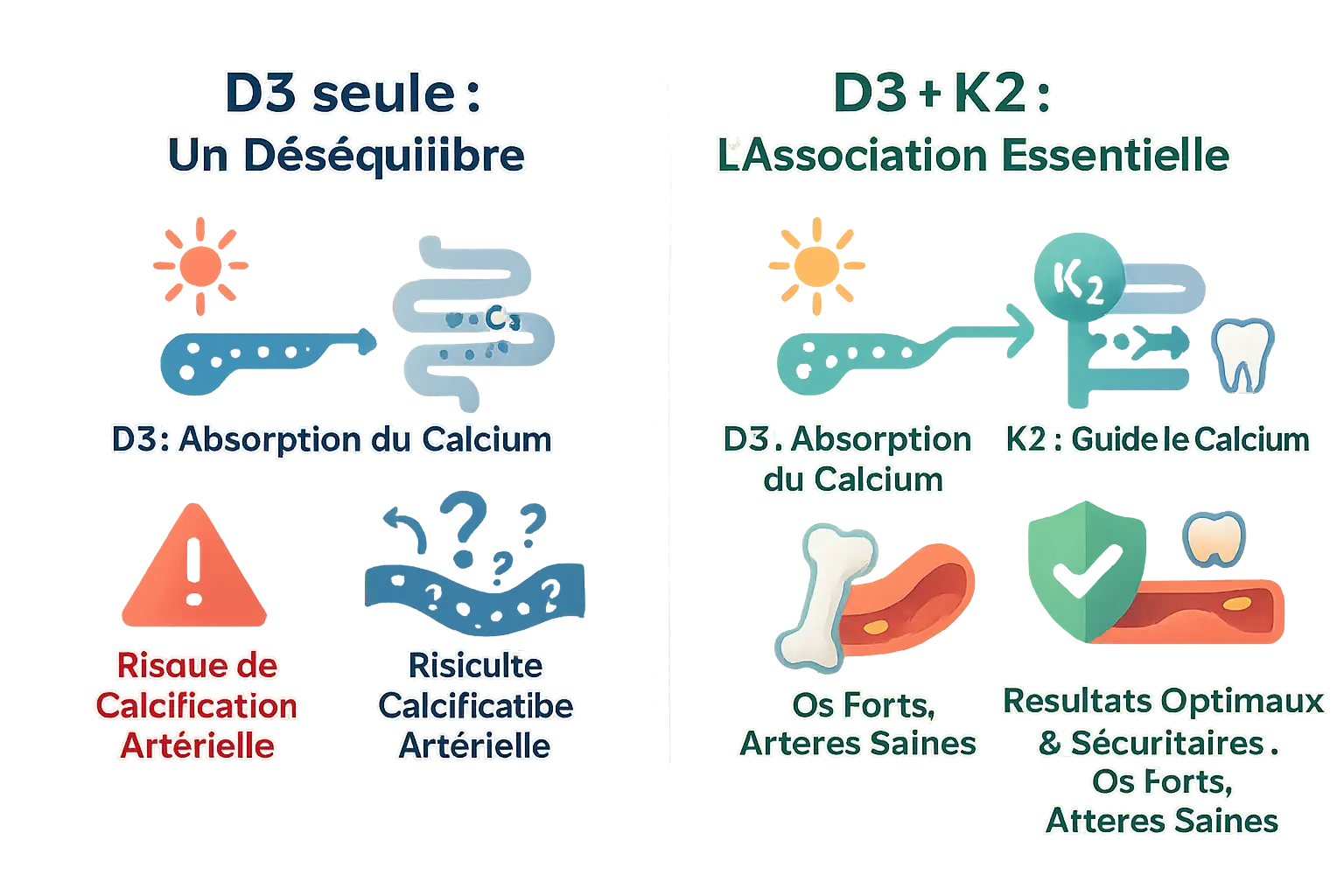 Schéma illustrant la synergie entre vitamine K2 et D3 pour la régulation du calcium