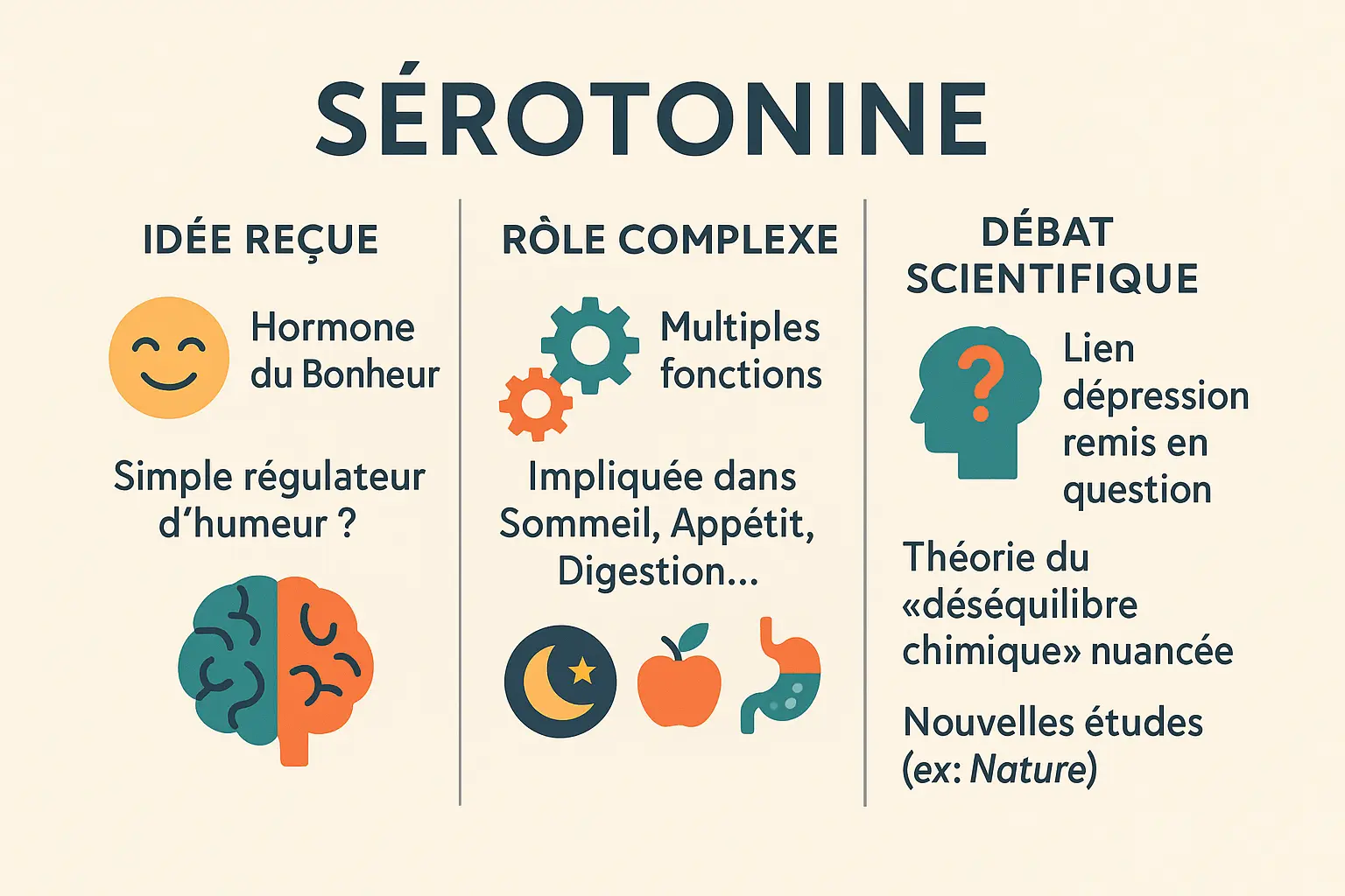 Infographie sur les multiples rôles de la sérotonine dans l'organisme
