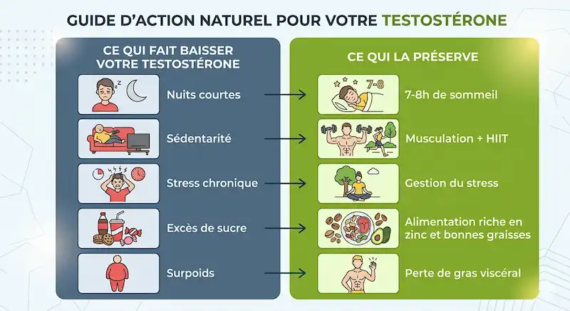 Tableau comparatif des mauvaises habitudes qui font baisser la testostérone versus les bonnes habitudes qui la préservent