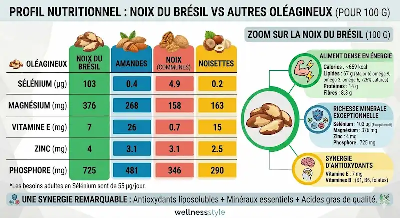 Tableau comparatif du profil nutritionnel des noix du brésil VS d'autres oléagineux