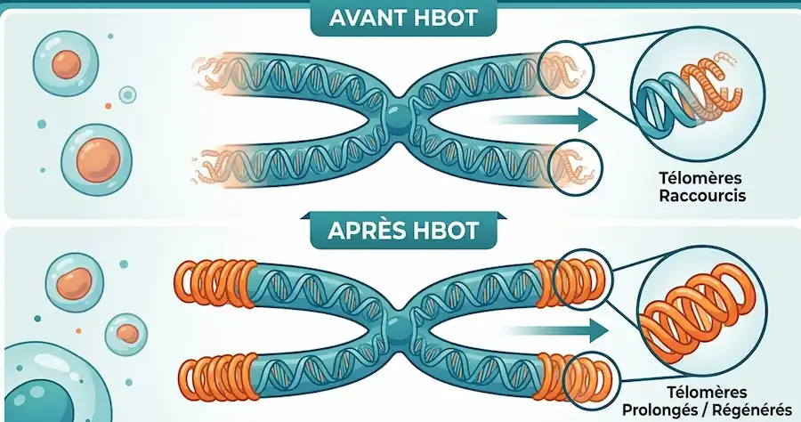 Schéma d'un chromosome montrant les télomères et leur allongement potentiel après oxygénothérapie hyperbare